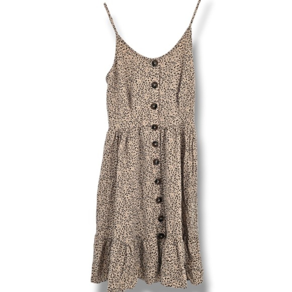 Leopard Print Button Front‎ Cami Mini Dress Tan Black Smocked Back Ruffle Hem
